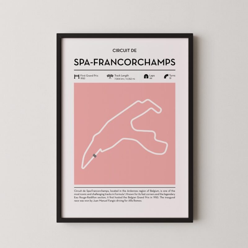 Modern Spa Francorchamps Grand Prix circuit poster with minimalist Formula 1 track design