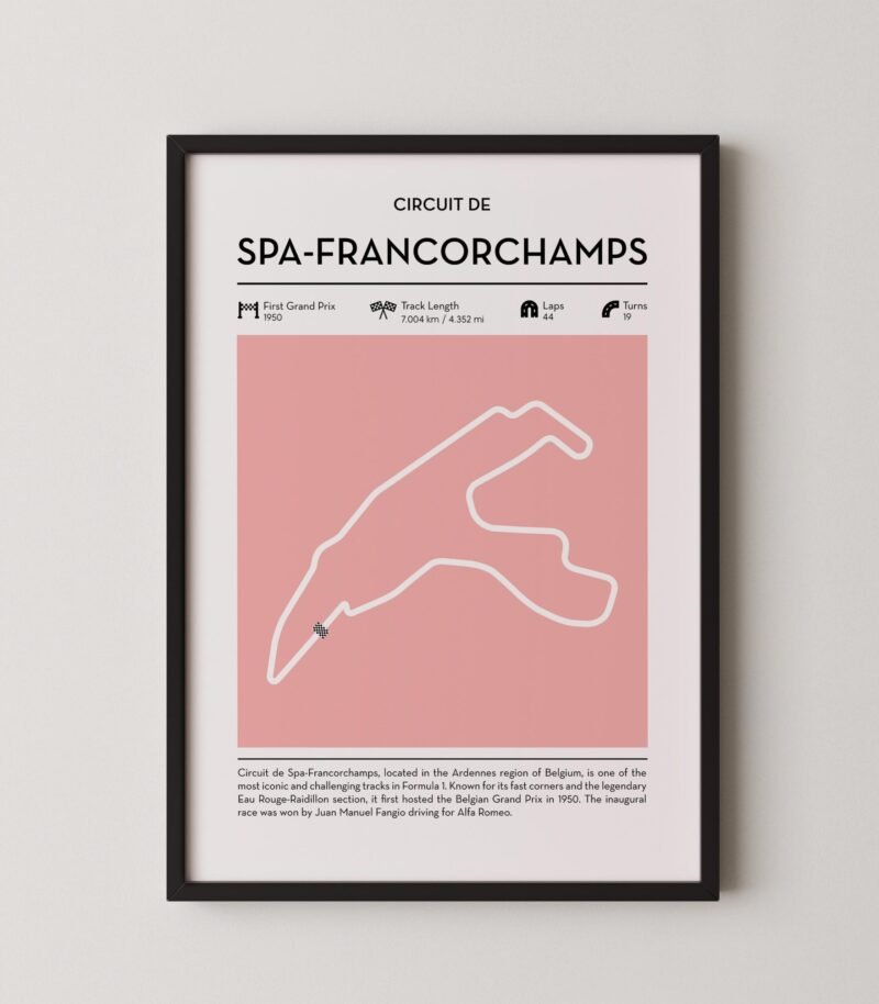 Modern Spa Francorchamps Grand Prix circuit poster with minimalist Formula 1 track design