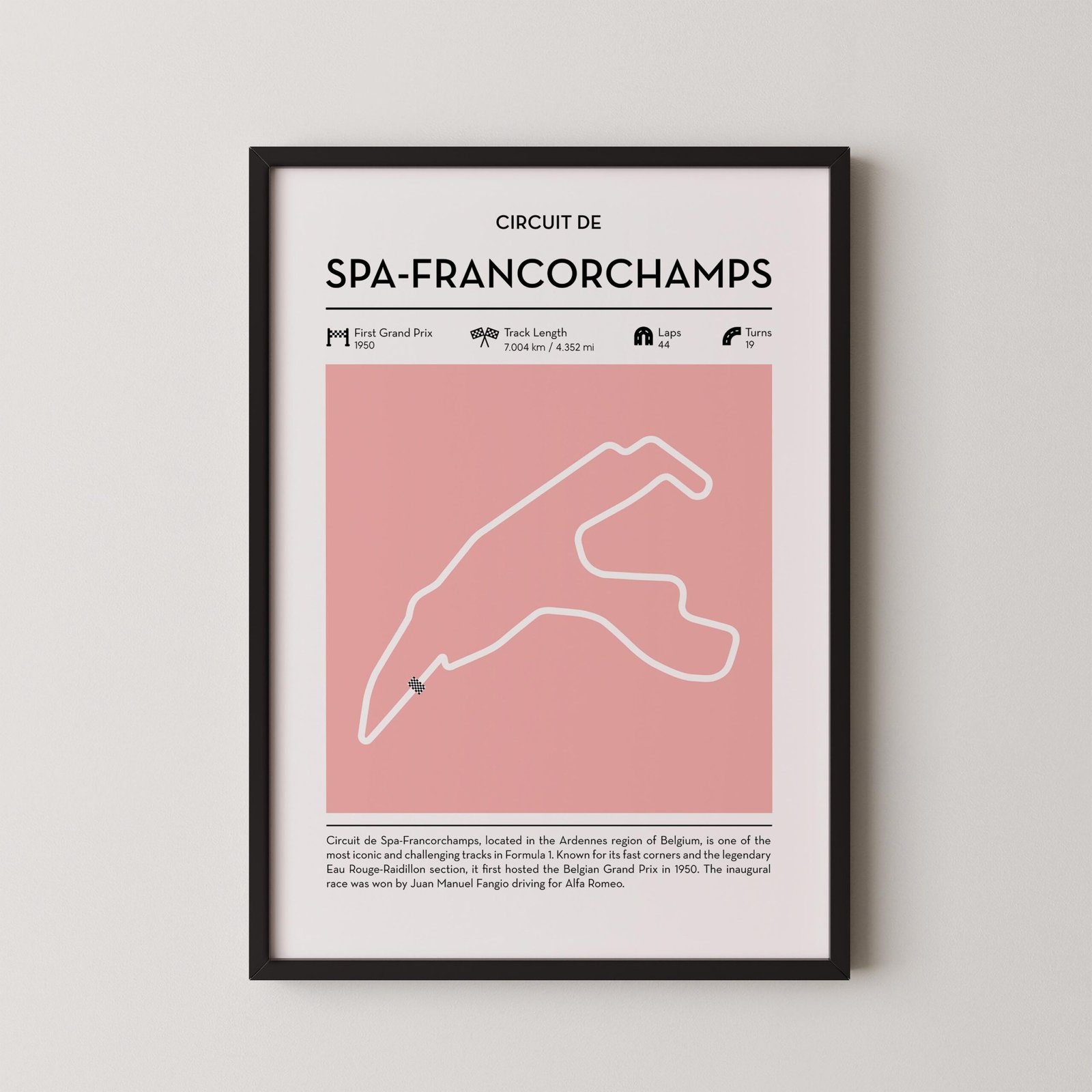 Modern Spa Francorchamps Grand Prix circuit poster with minimalist Formula 1 track design