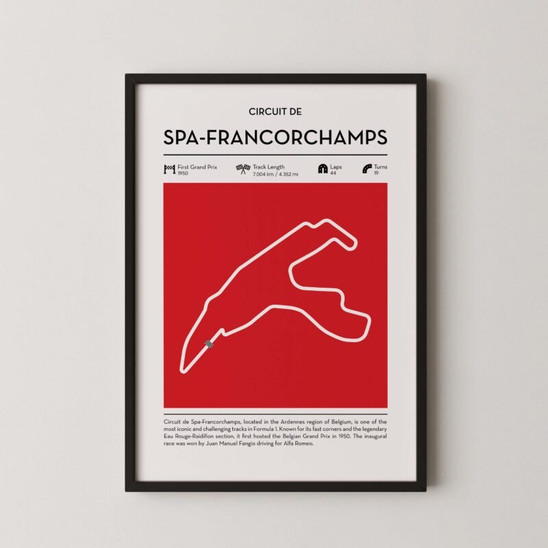 Spa Francorchamps Formula 1 circuit map poster in red color minimalist racing wall art