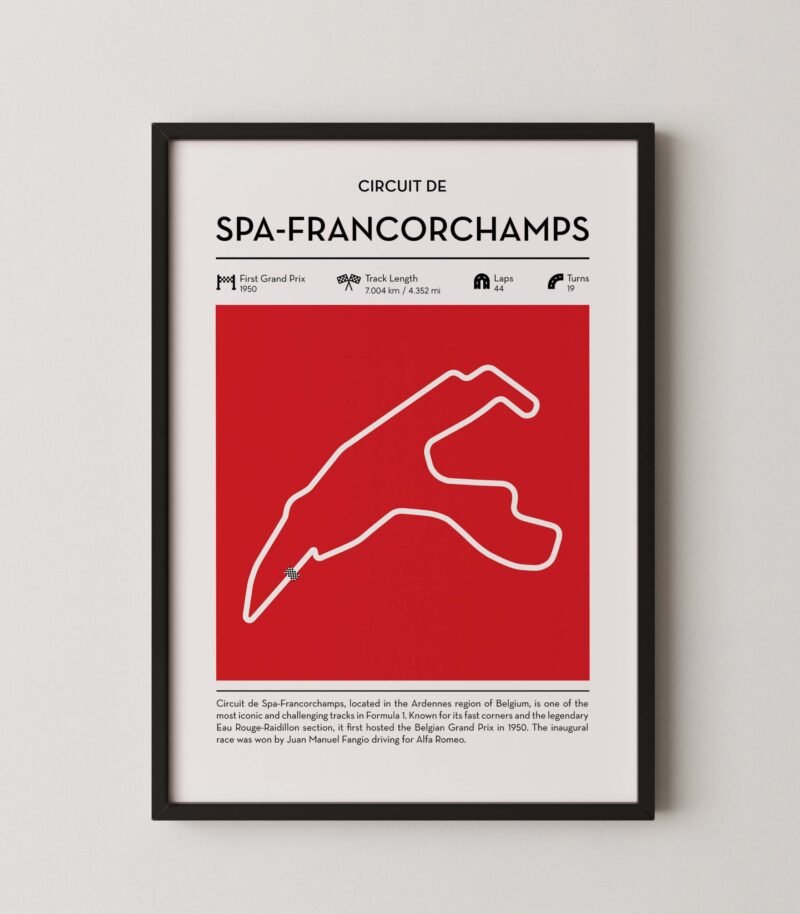 Spa Francorchamps Formula 1 circuit map poster in red color minimalist racing wall art