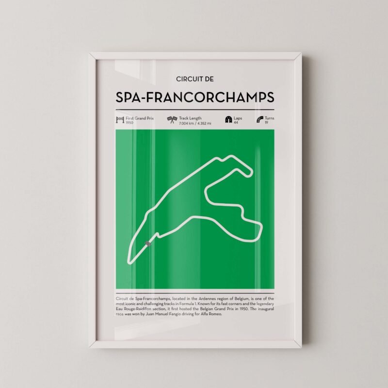 Green Spa Francorchamps Formula 1 track map artwork designed for racing and motorsport enthusiasts