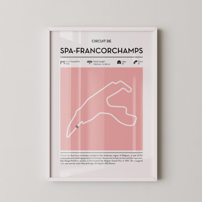 Modern Spa Francorchamps Grand Prix circuit poster with minimalist Formula 1 track design