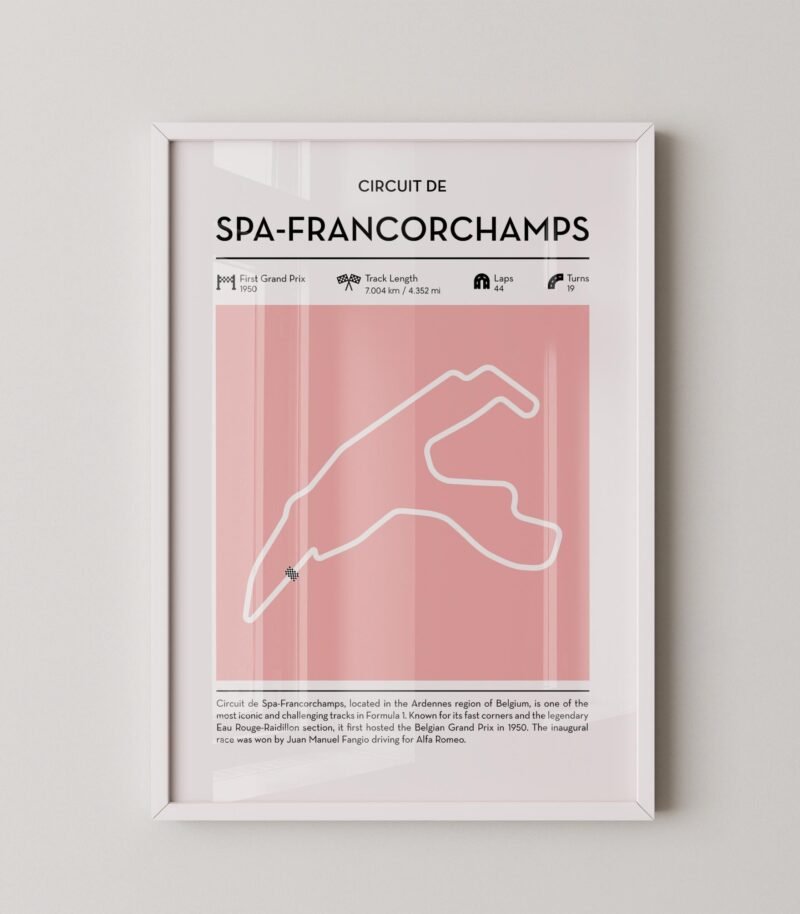 Modern Spa Francorchamps Grand Prix circuit poster with minimalist Formula 1 track design