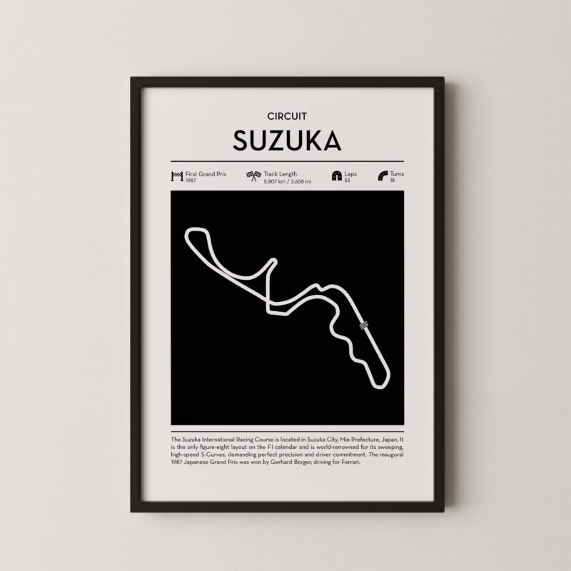 Minimal Suzuka F1 track layout poster for motorsport and racing fans