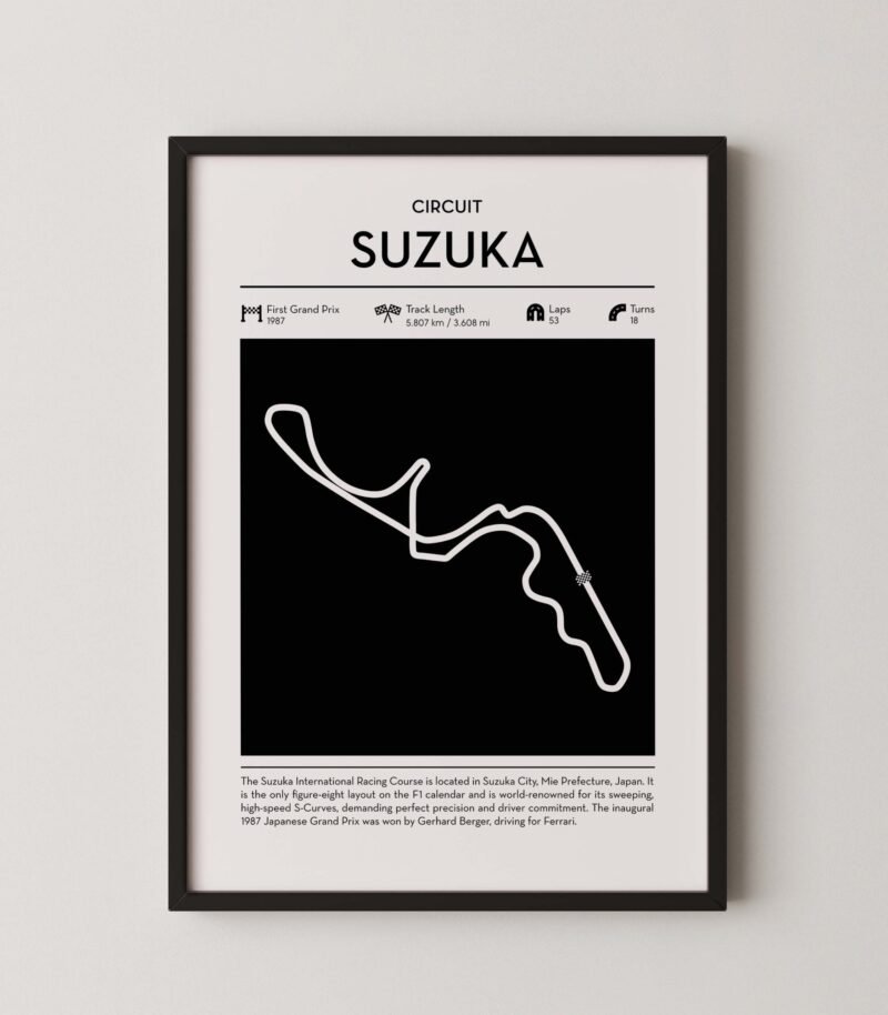 Minimal Suzuka F1 track layout poster for motorsport and racing fans
