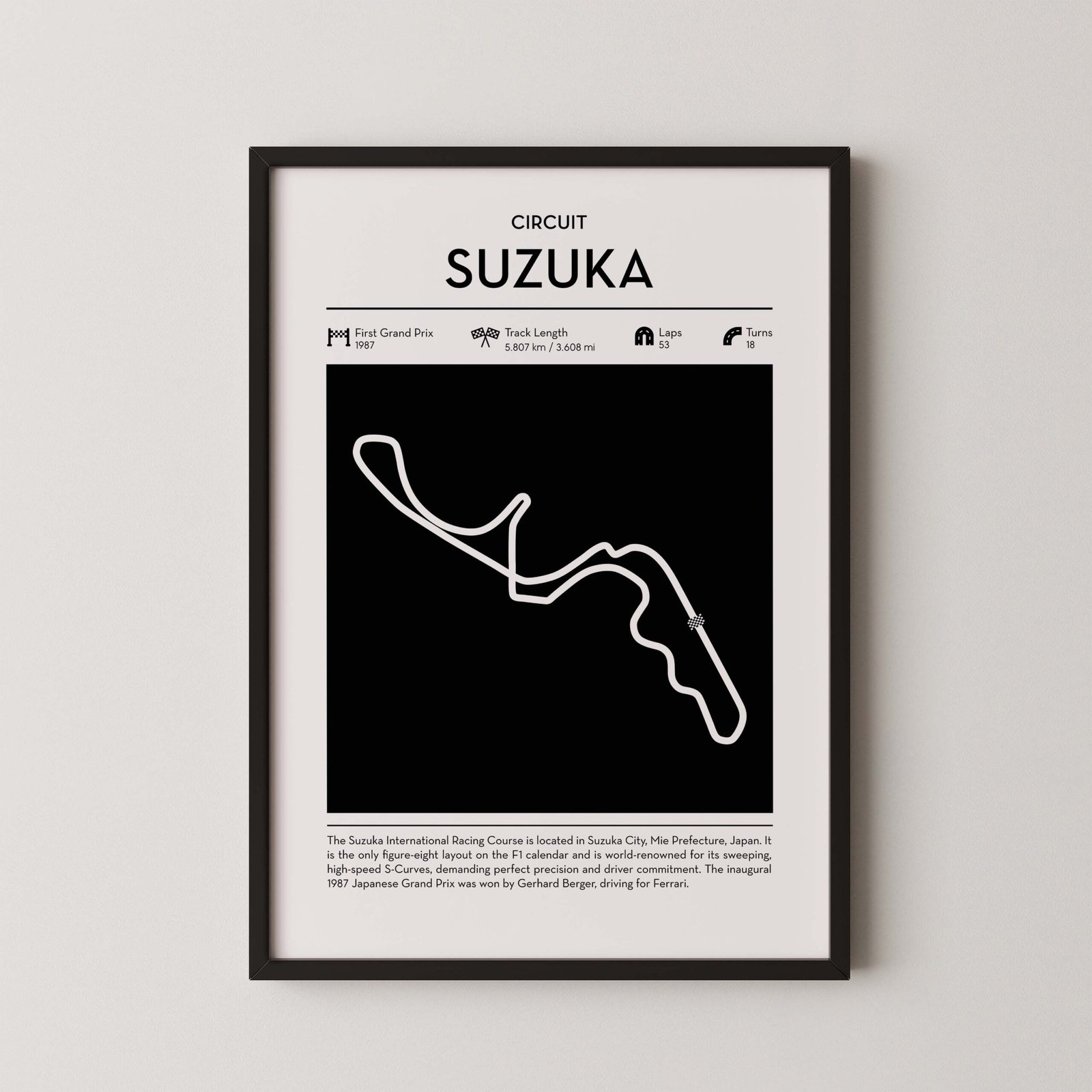 Minimal Suzuka F1 track layout poster for motorsport and racing fans