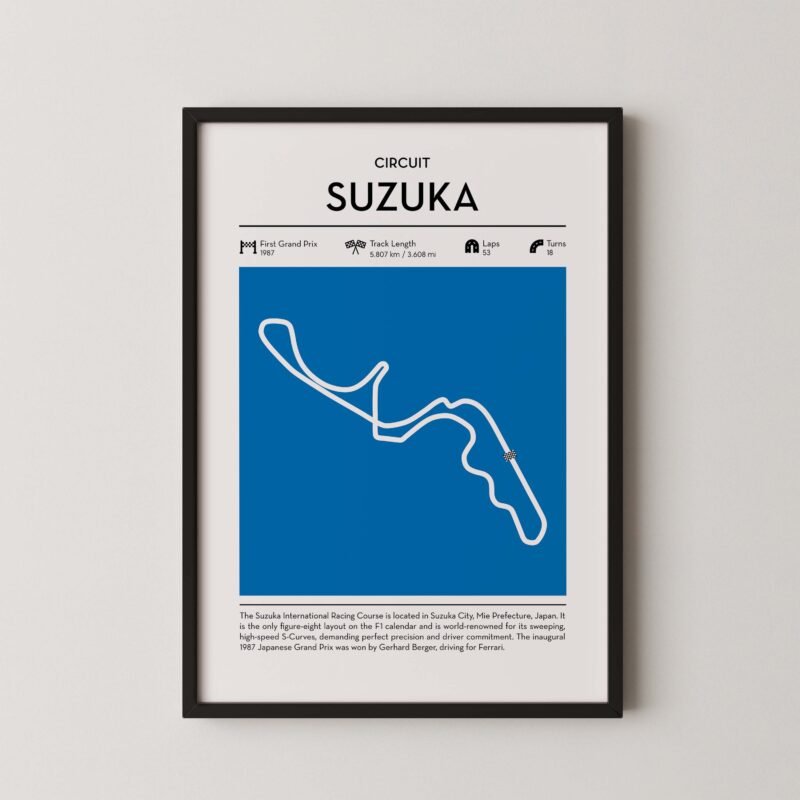 Suzuka racing circuit wall art featuring a clean and modern F1 track map layout
