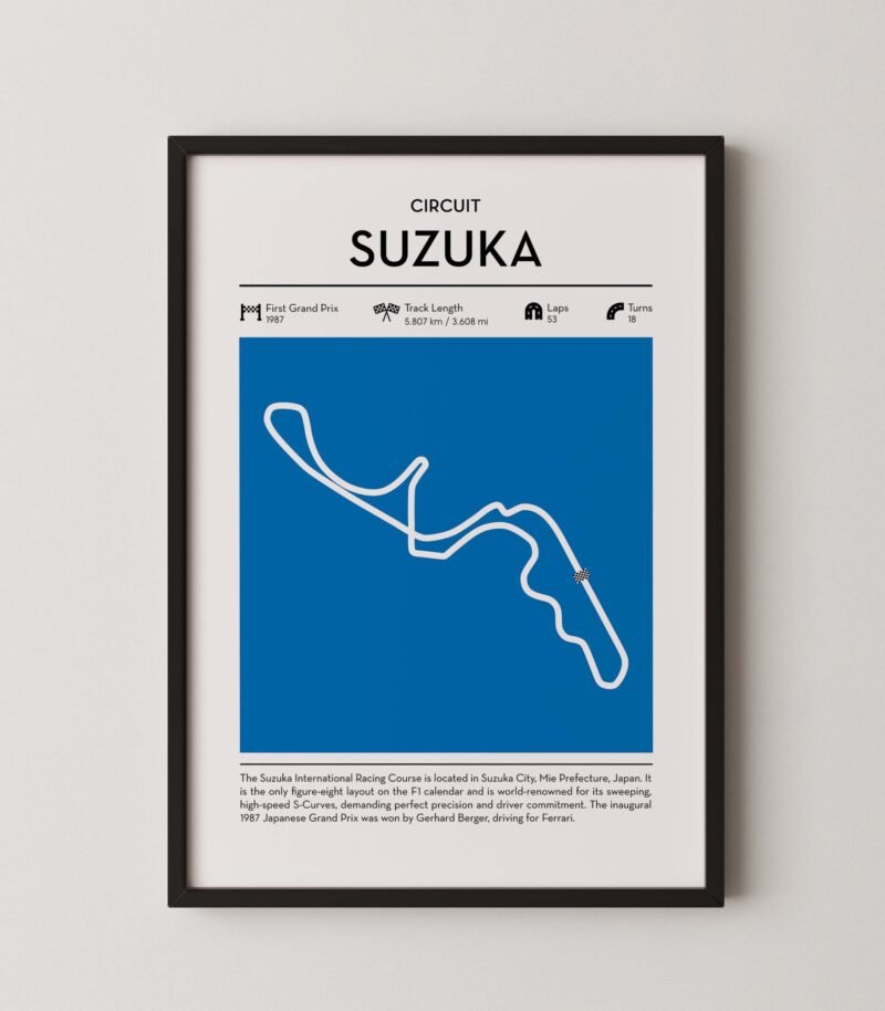 Suzuka racing circuit wall art featuring a clean and modern F1 track map layout