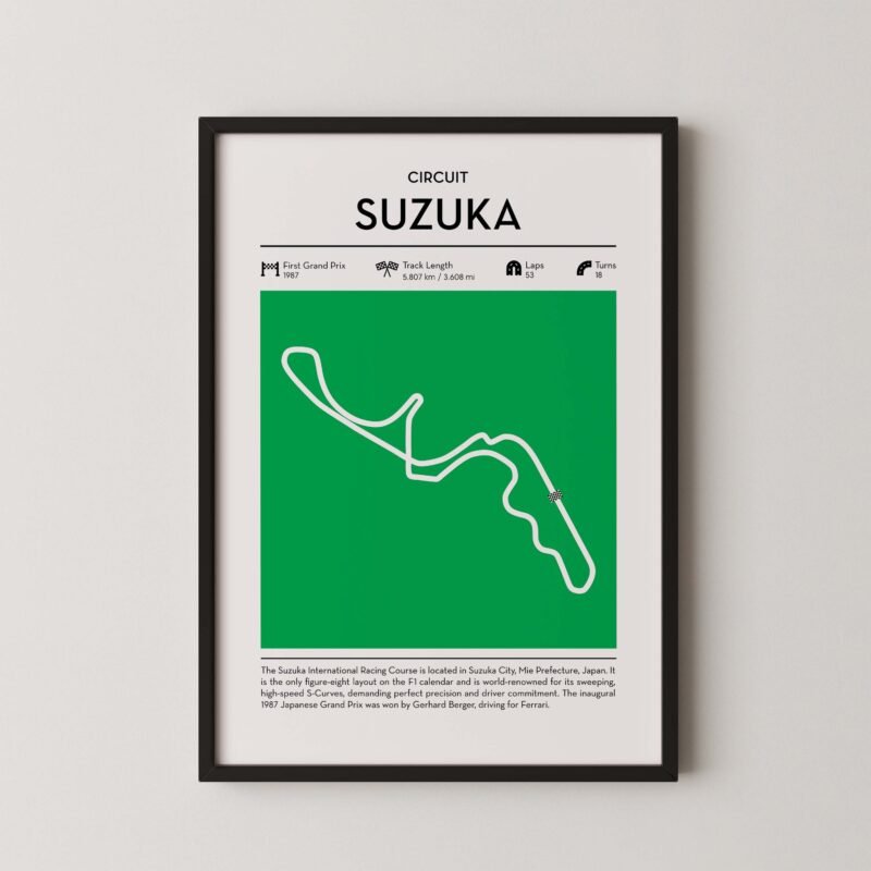 Green Suzuka Formula 1 track map artwork designed for racing and motorsport enthusiasts