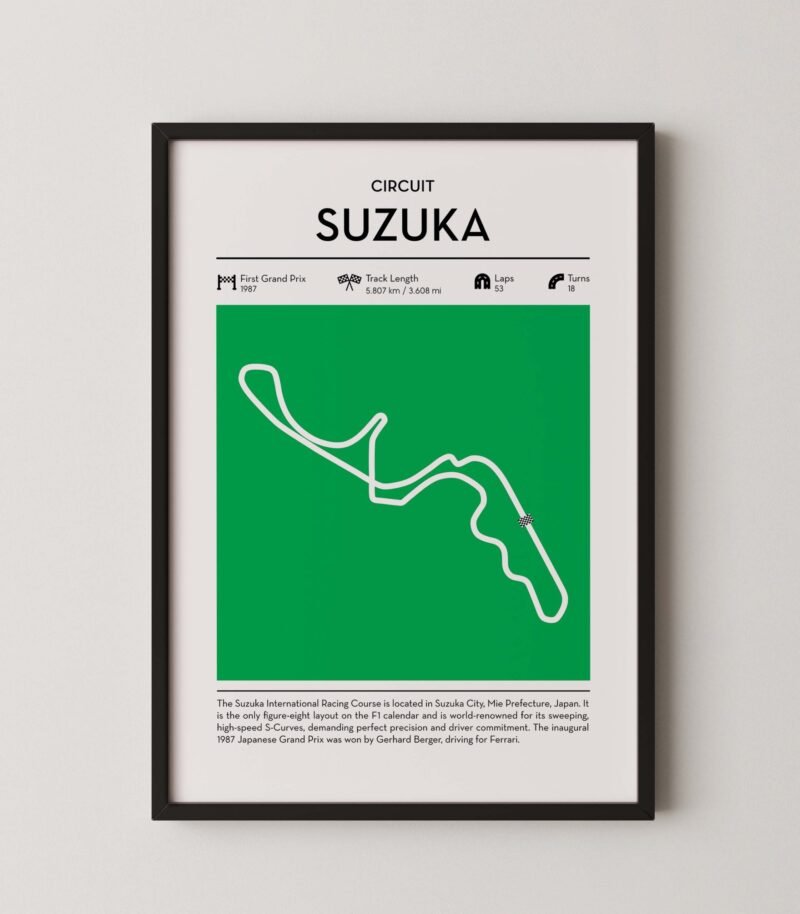 Green Suzuka Formula 1 track map artwork designed for racing and motorsport enthusiasts