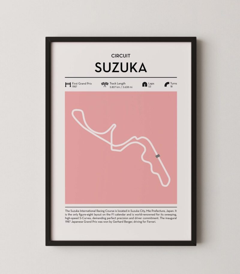 Modern Suzuka Grand Prix circuit poster with minimalist Formula 1 track design