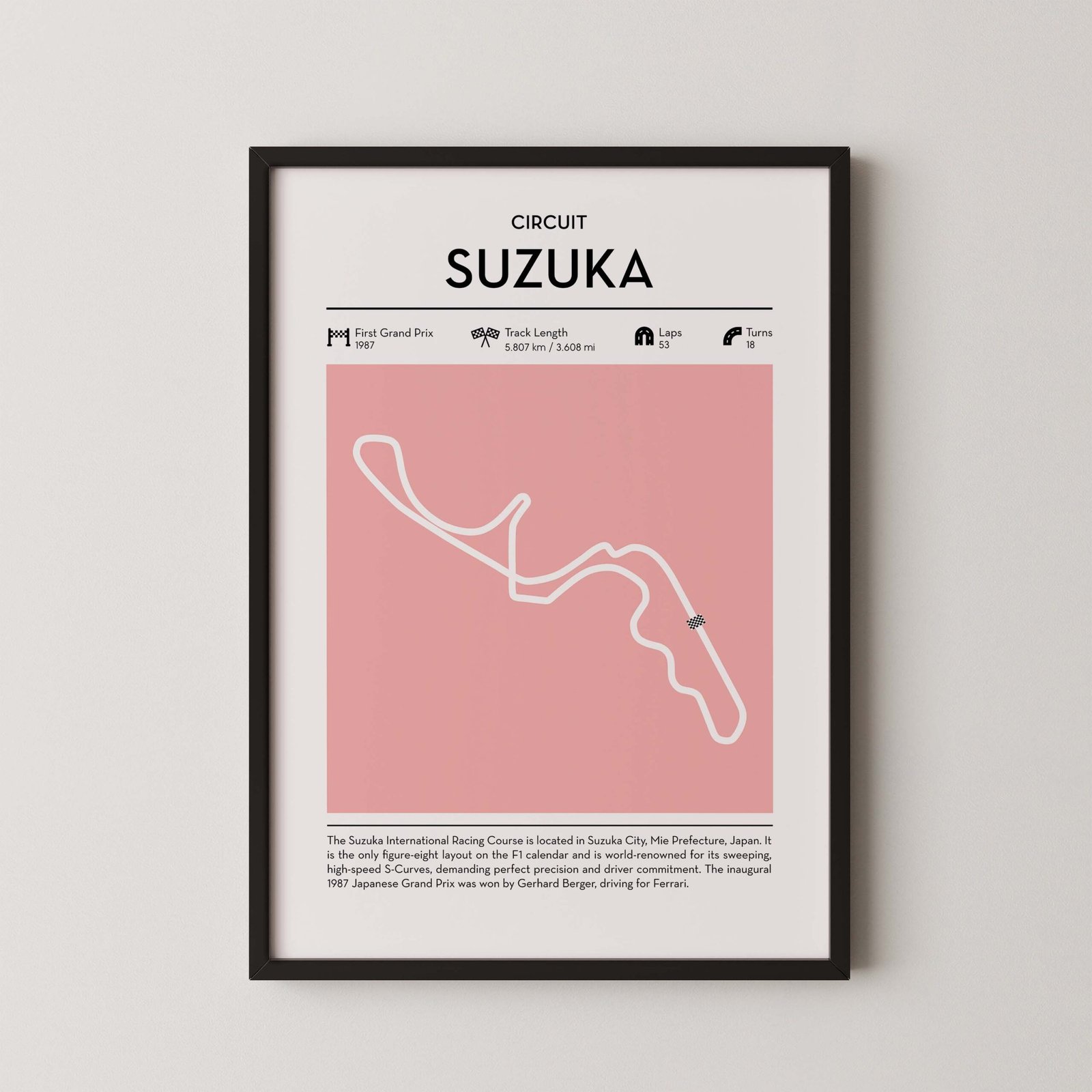 Modern Suzuka Grand Prix circuit poster with minimalist Formula 1 track design