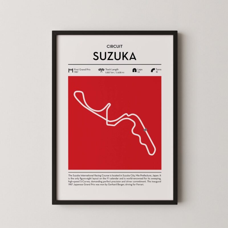 Suzuka Formula 1 circuit map poster in red color minimalist racing wall art