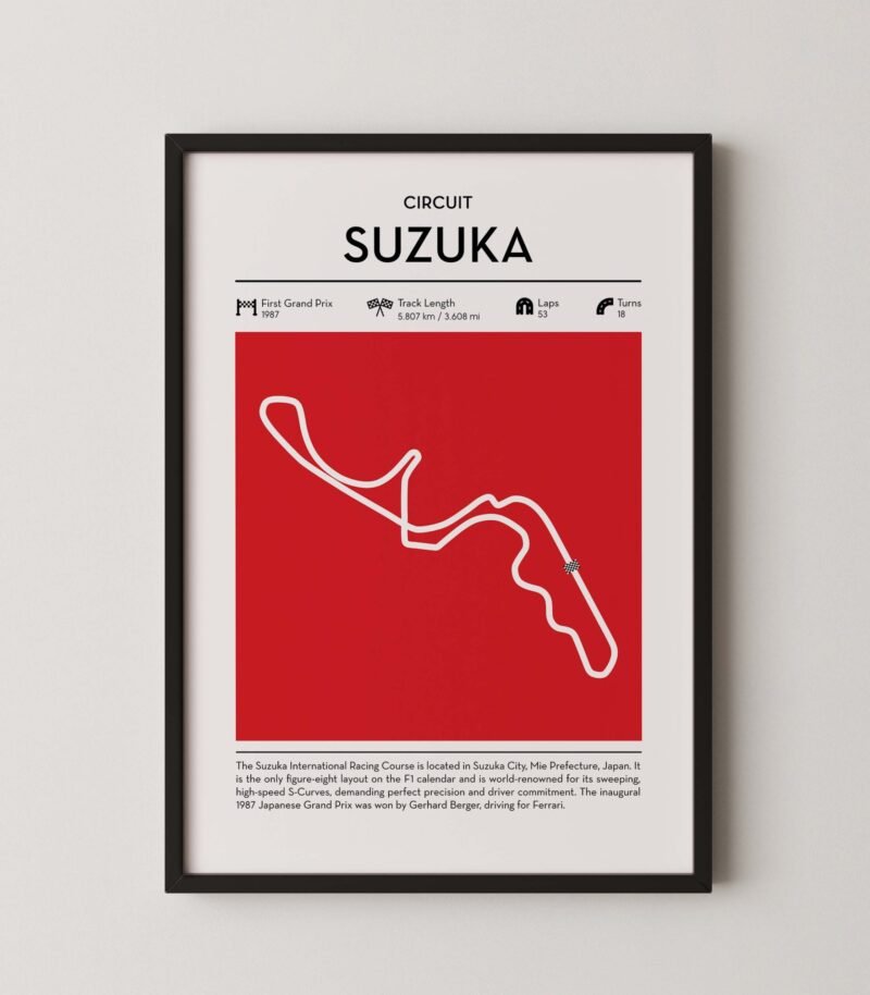 Suzuka Formula 1 circuit map poster in red color minimalist racing wall art