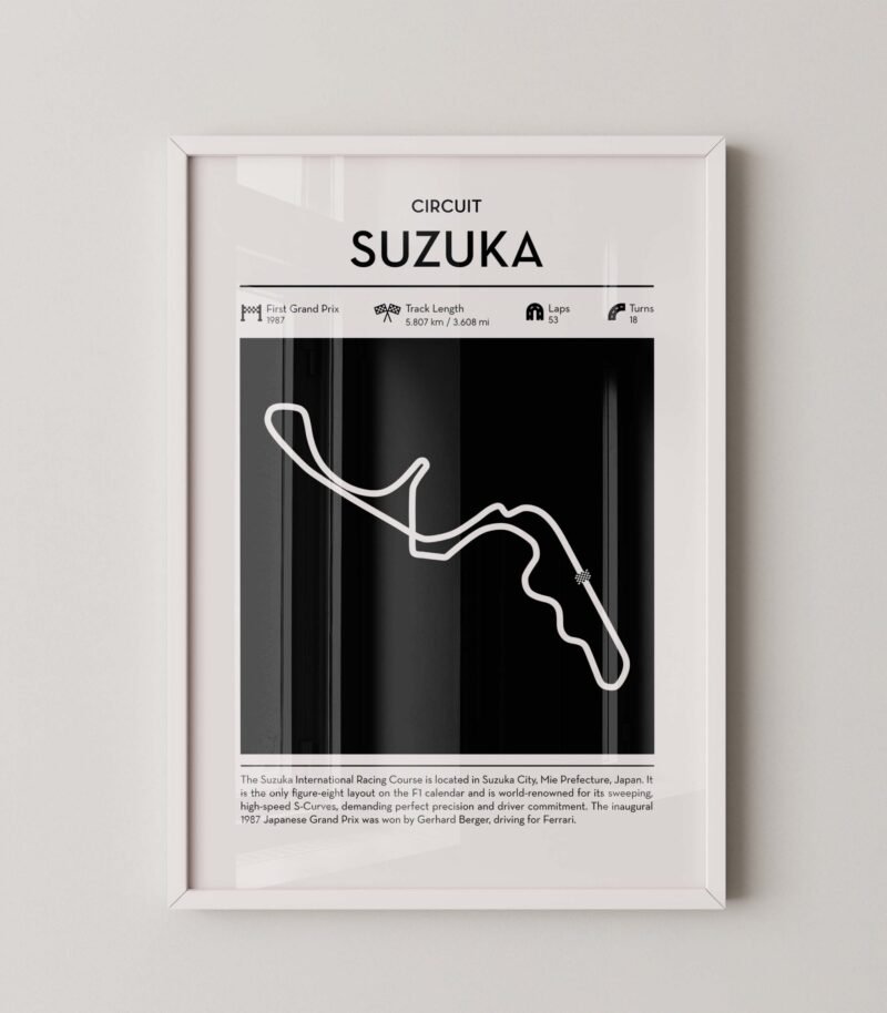 Minimal Suzuka F1 track layout poster for motorsport and racing fans