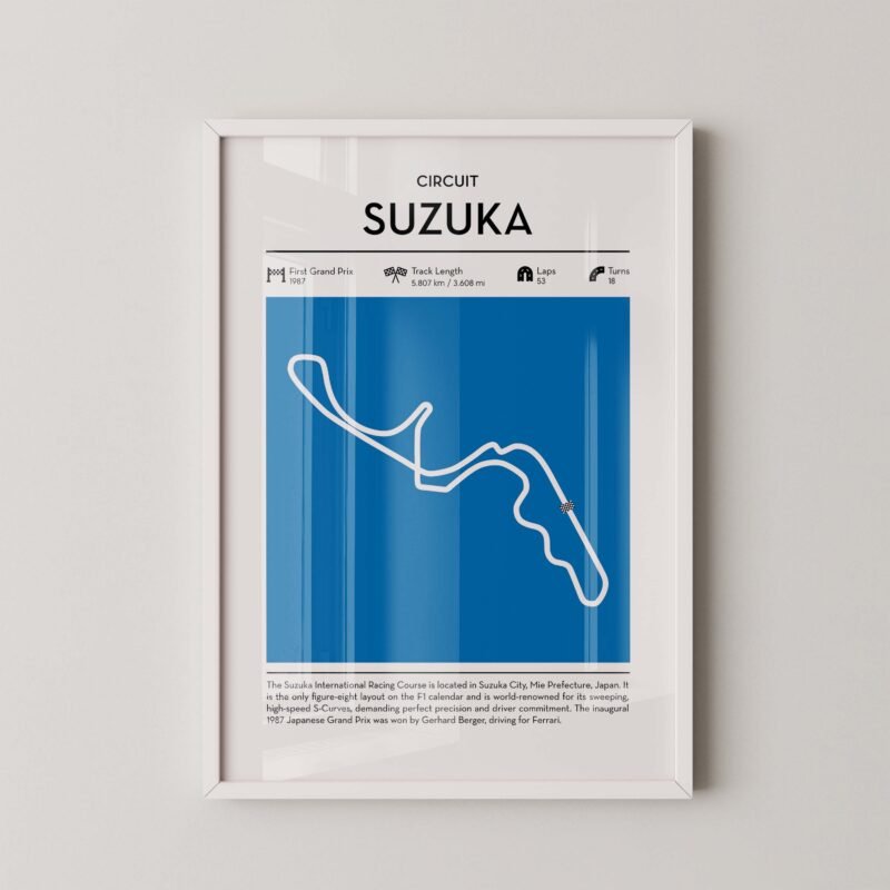 Suzuka racing circuit wall art featuring a clean and modern F1 track map layout