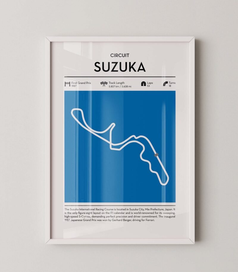 Suzuka racing circuit wall art featuring a clean and modern F1 track map layout