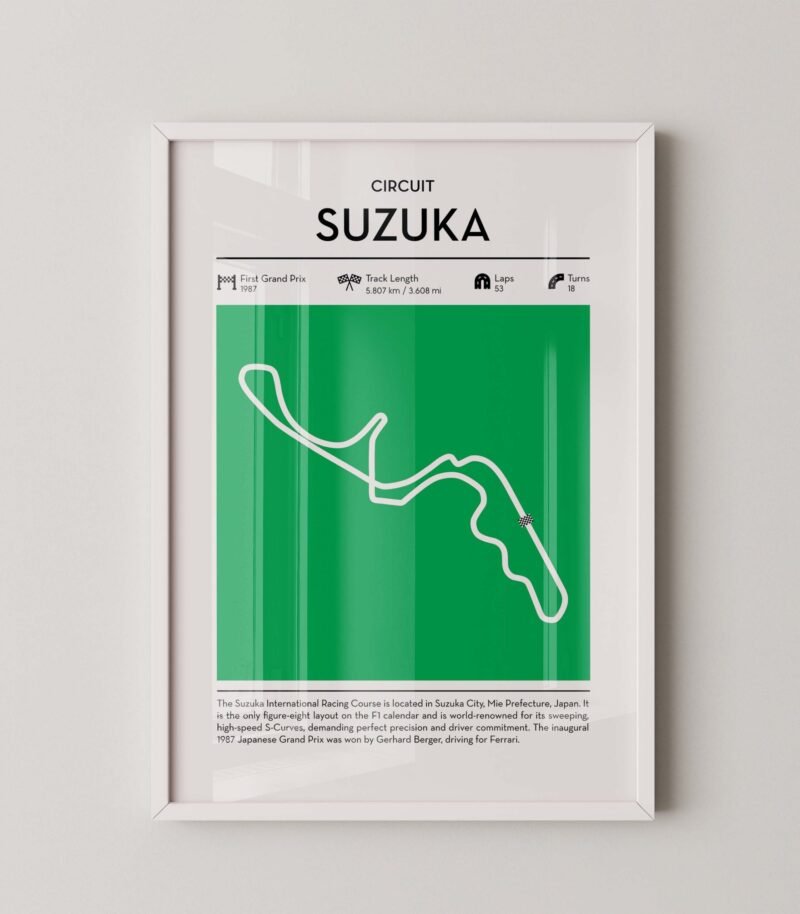 Green Suzuka Formula 1 track map artwork designed for racing and motorsport enthusiasts