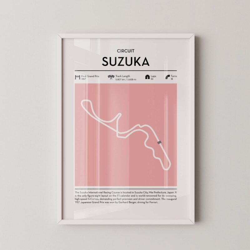 Modern Suzuka Grand Prix circuit poster with minimalist Formula 1 track design