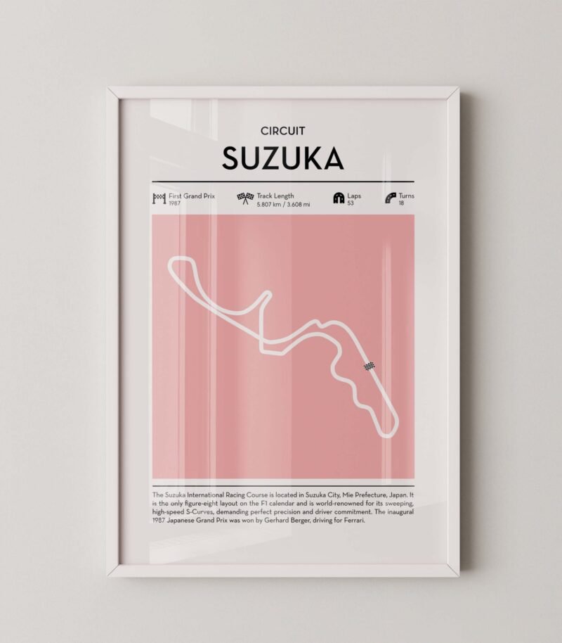Modern Suzuka Grand Prix circuit poster with minimalist Formula 1 track design