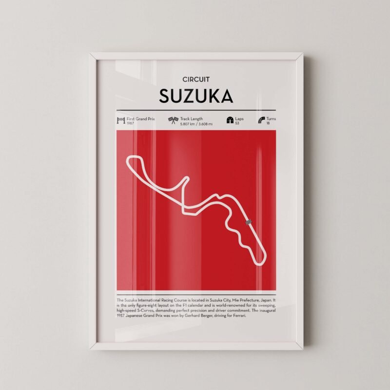 Suzuka Formula 1 circuit map poster in red color minimalist racing wall art
