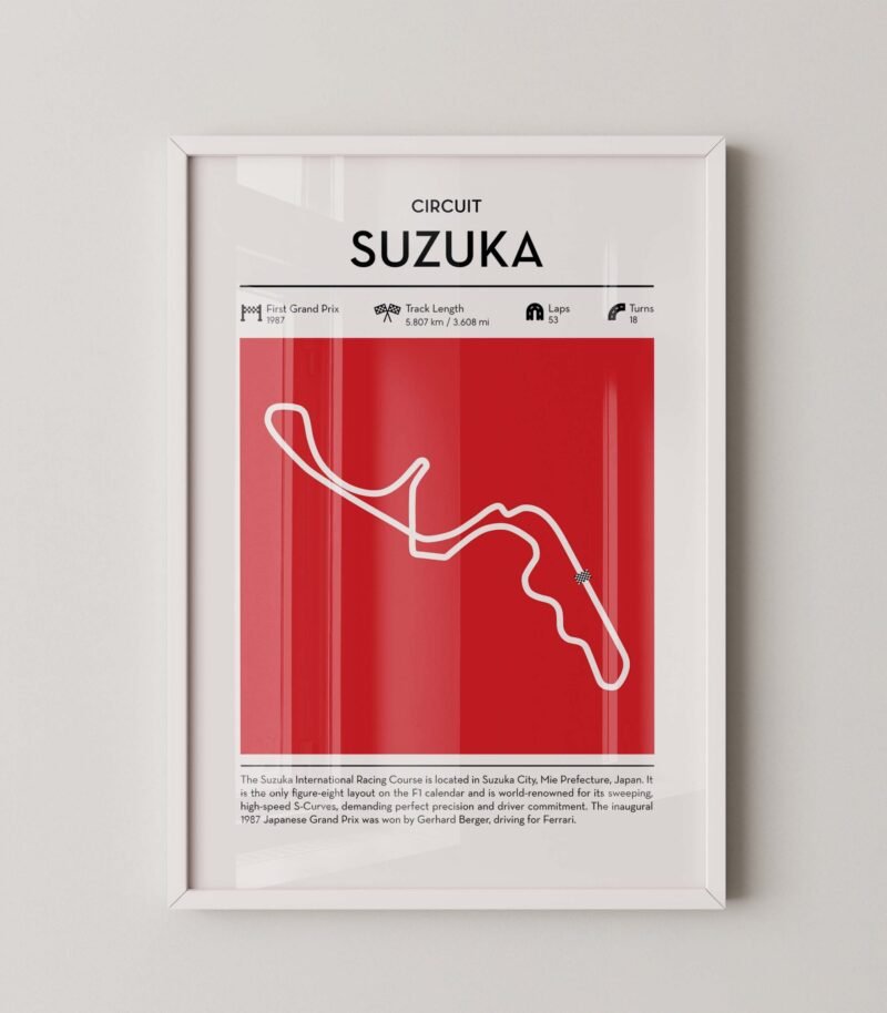 Suzuka Formula 1 circuit map poster in red color minimalist racing wall art