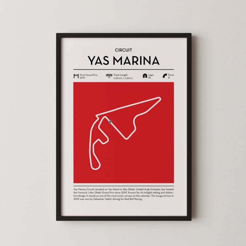 yas marina Formula 1 circuit map poster in red color minimalist racing wall art