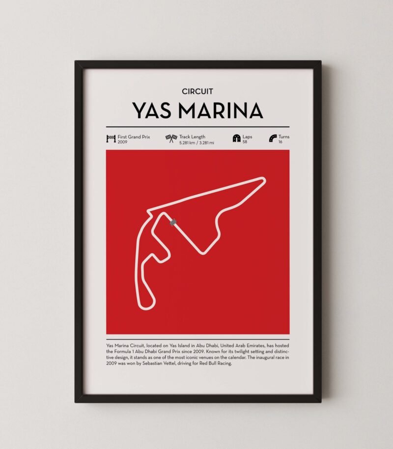 yas marina Formula 1 circuit map poster in red color minimalist racing wall art