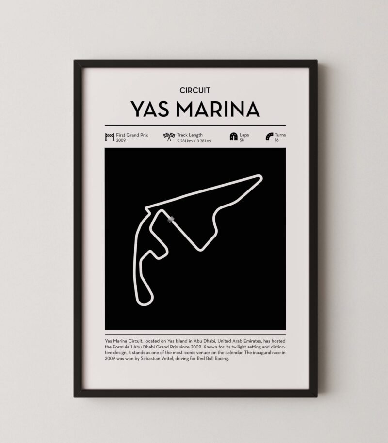 minimal yas marina F1 track layout poster for motorsport and racing fans