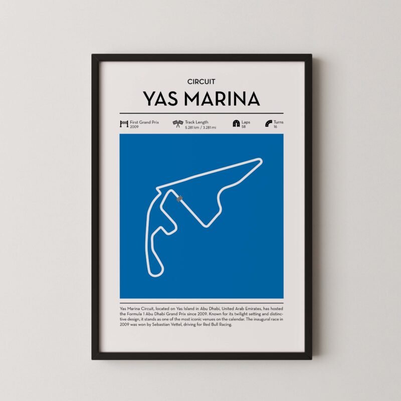 yas marina racing circuit wall art featuring a clean and modern F1 track map layout