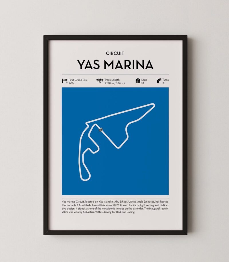 yas marina racing circuit wall art featuring a clean and modern F1 track map layout