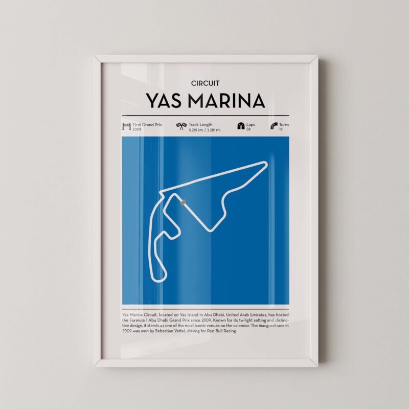 yas marina racing circuit wall art featuring a clean and modern F1 track map layout