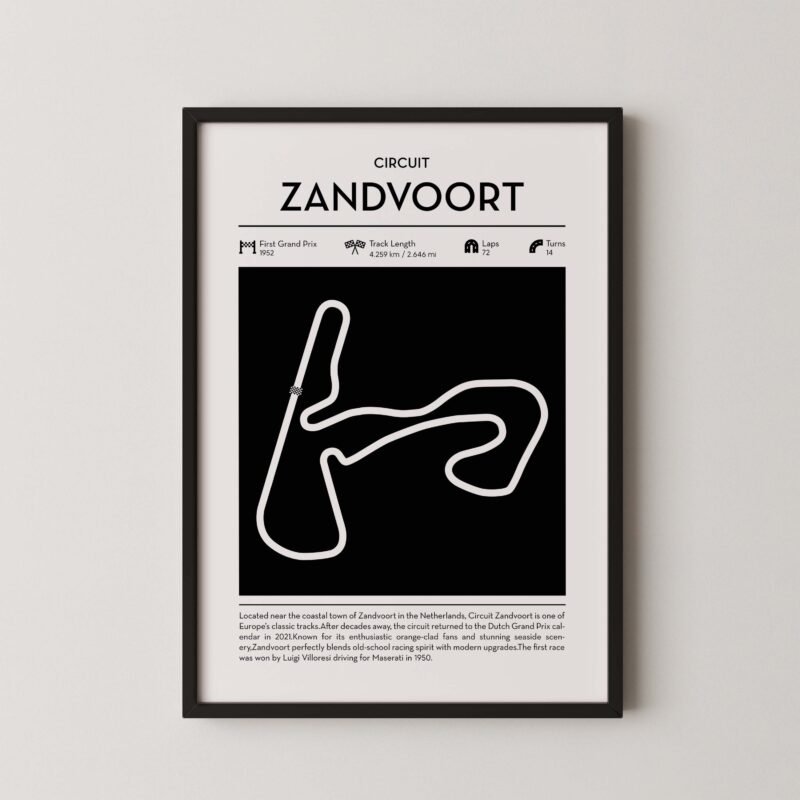 Minimal zandvoort F1 track layout poster for motorsport and racing fans