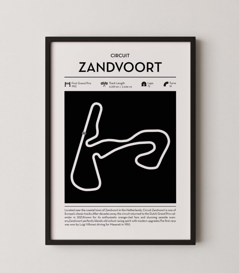 Minimal zandvoort F1 track layout poster for motorsport and racing fans