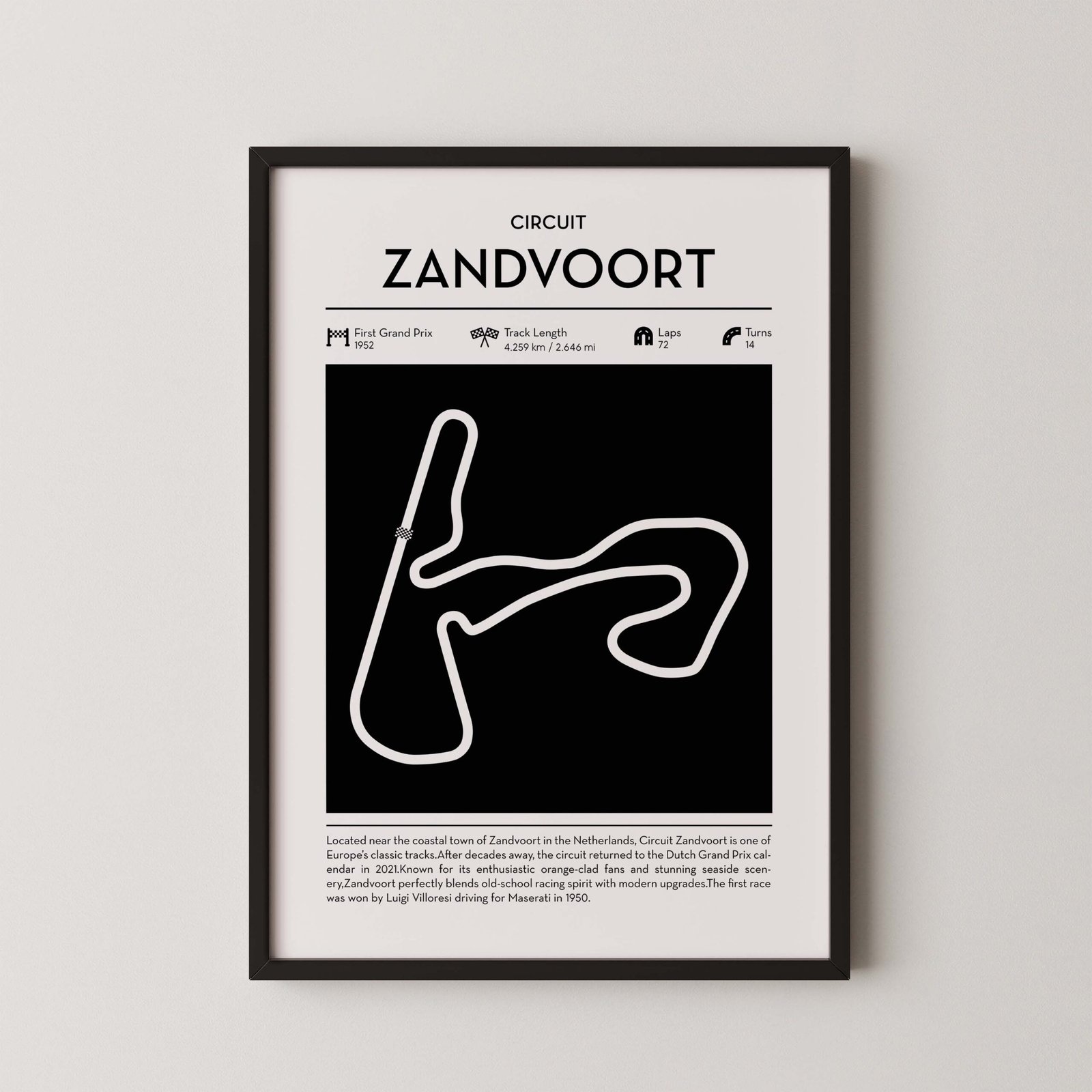 Minimal zandvoort F1 track layout poster for motorsport and racing fans
