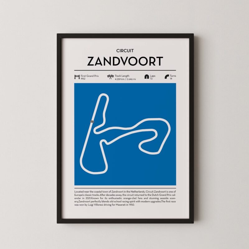zandvoort racing circuit wall art featuring a clean and modern F1 track map layout