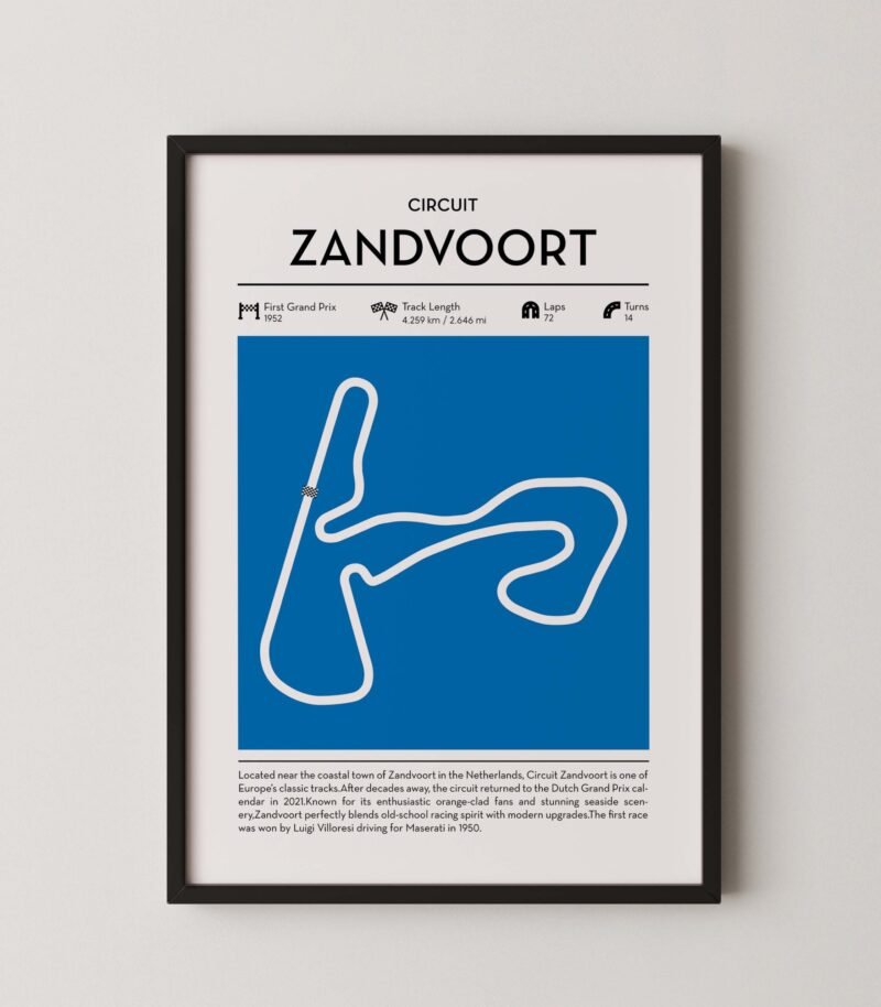 zandvoort racing circuit wall art featuring a clean and modern F1 track map layout