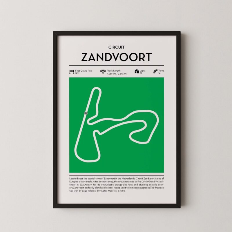 Green zandvoort Formula 1 track map artwork designed for racing and motorsport enthusiasts