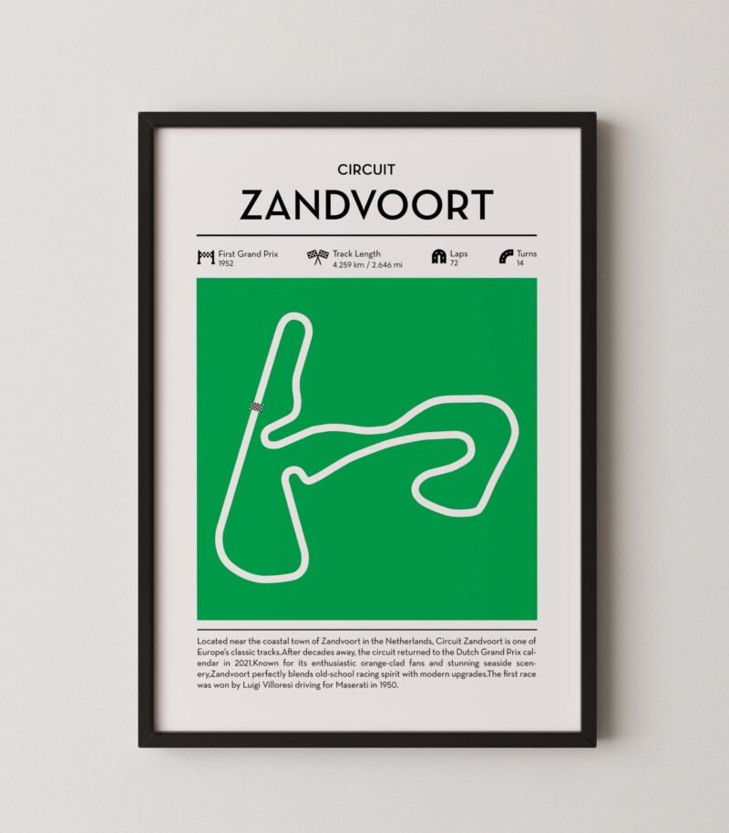 Green zandvoort Formula 1 track map artwork designed for racing and motorsport enthusiasts