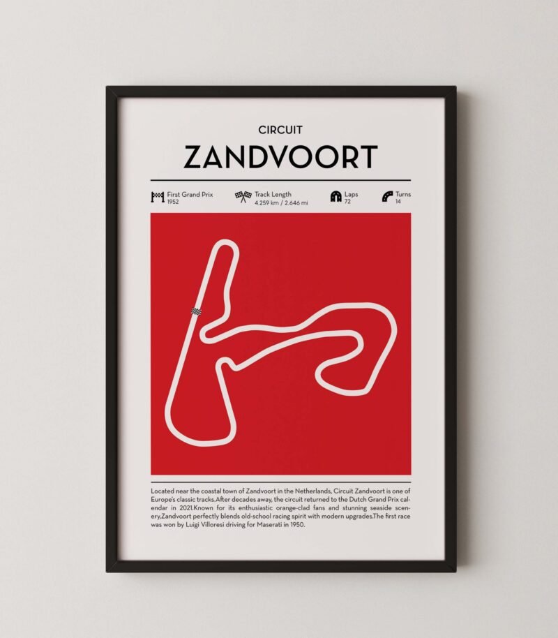 Formula 1 circuit map zandvoort poster in red color minimalist racing wall art
