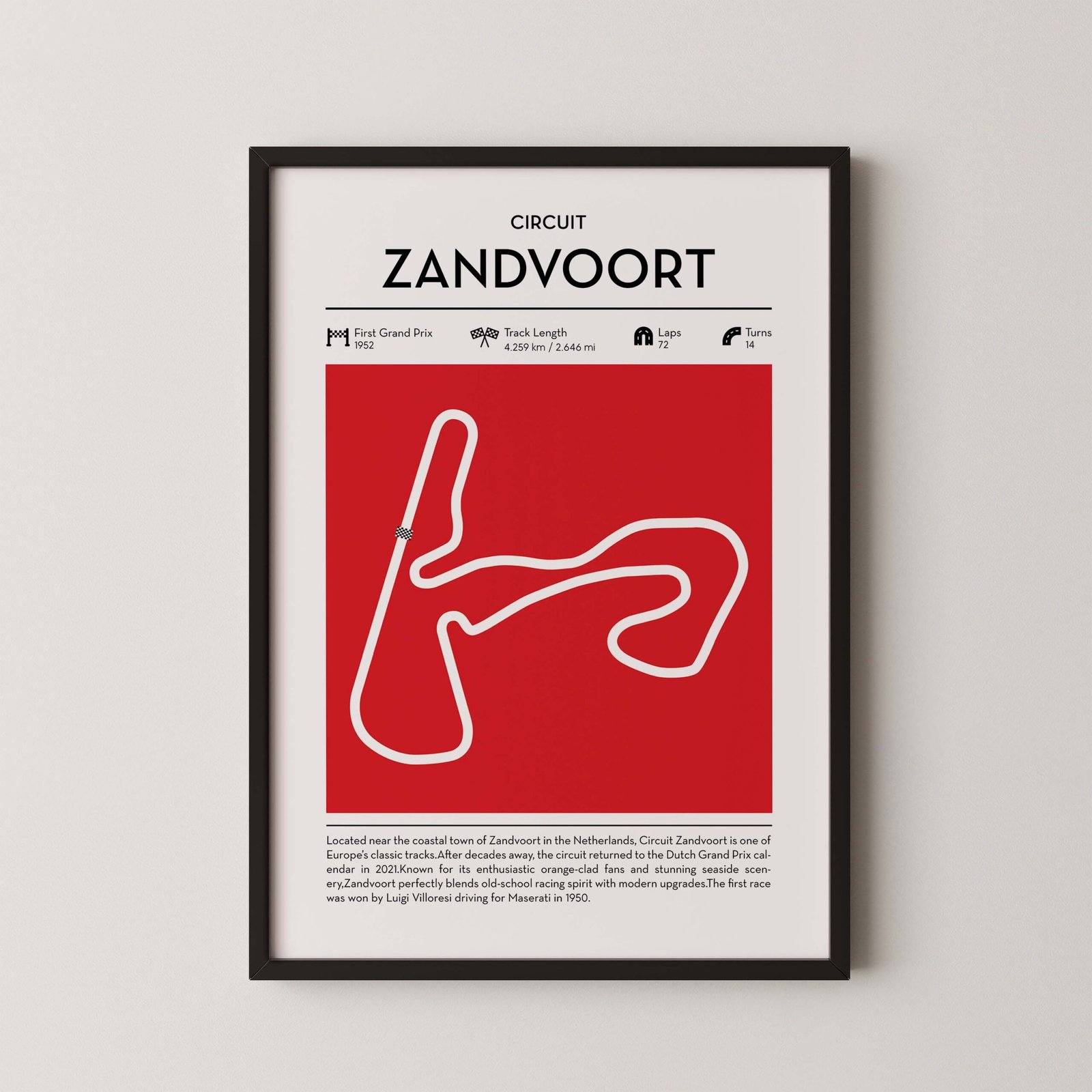 Formula 1 circuit map zandvoort poster in red color minimalist racing wall art
