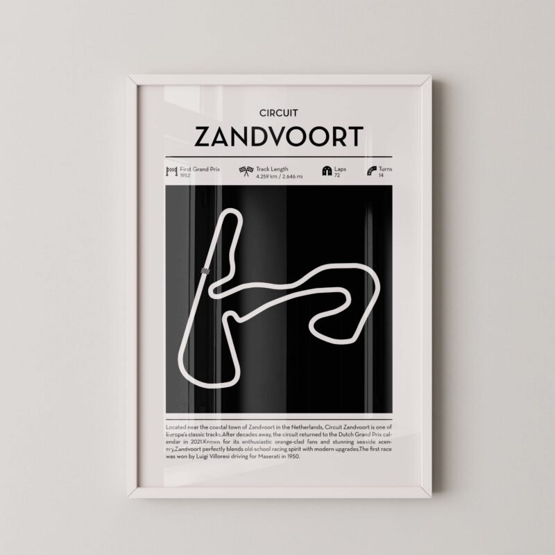 Minimal zandvoort F1 track layout poster for motorsport and racing fans
