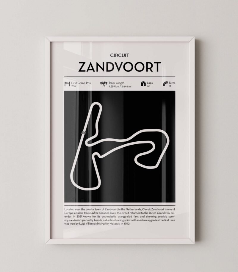 Minimal zandvoort F1 track layout poster for motorsport and racing fans