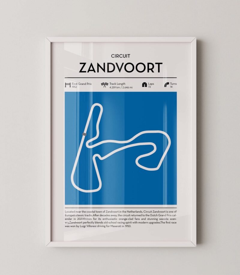 zandvoort racing circuit wall art featuring a clean and modern F1 track map layout