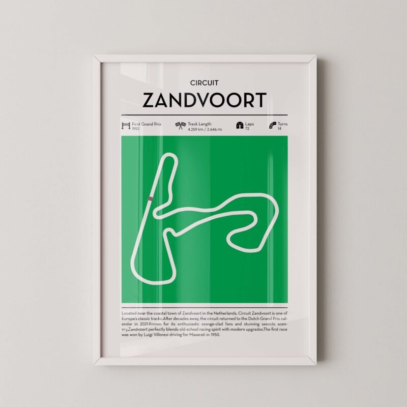 Green zandvoort Formula 1 track map artwork designed for racing and motorsport enthusiasts
