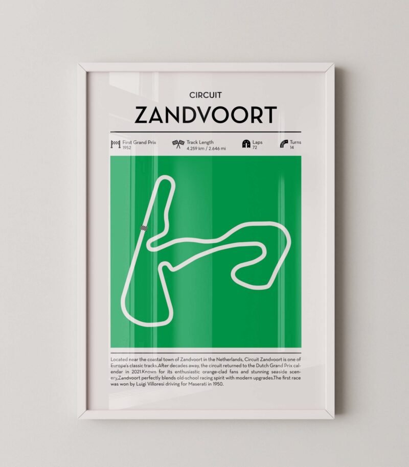 Green zandvoort Formula 1 track map artwork designed for racing and motorsport enthusiasts