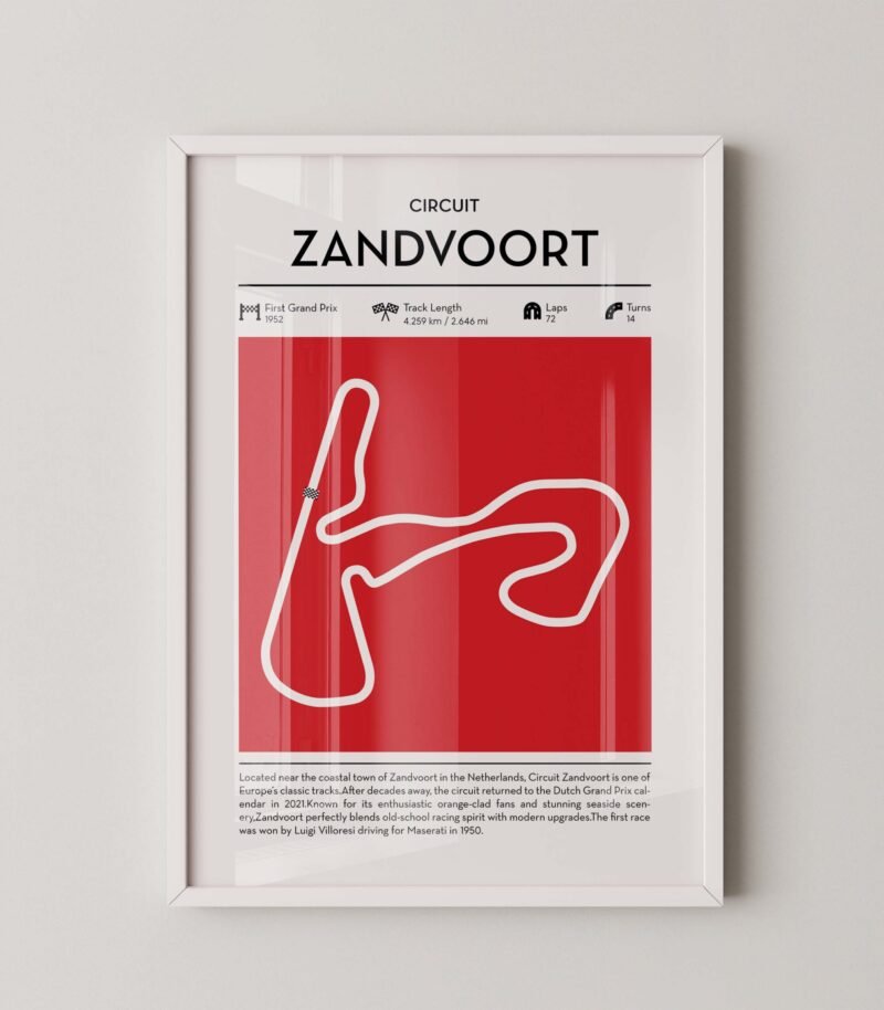 Formula 1 circuit map zandvoort poster in red color minimalist racing wall art