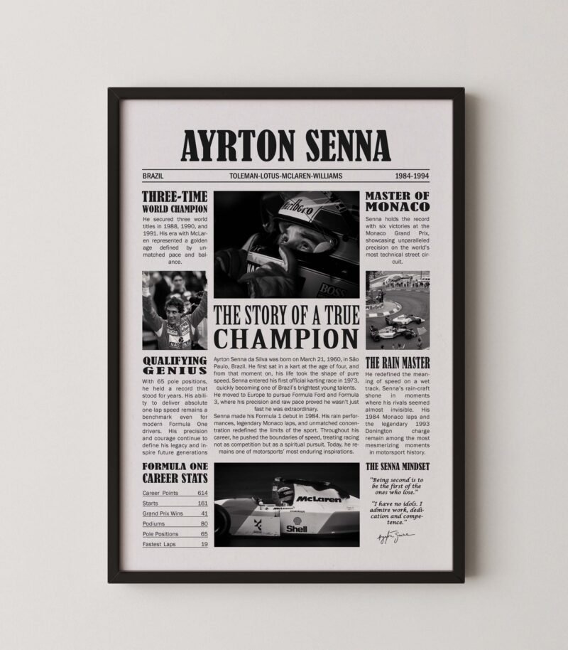 Ayrton senna newspaper sytle vintage f1 poster