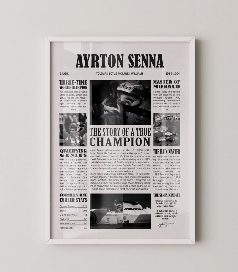 Ayrton senna newspaper sytle vintage f1 poster